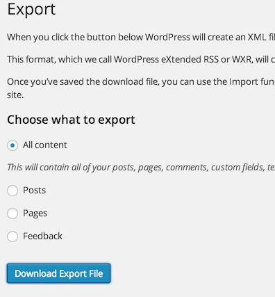 Exporting from Wordpress admin console