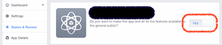 FB app settings page